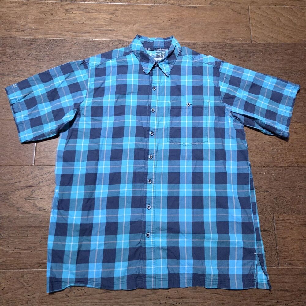 Game Guard Shirt Mens Extra Large Outdoor Vented Button Fishing Blue Plaid XL